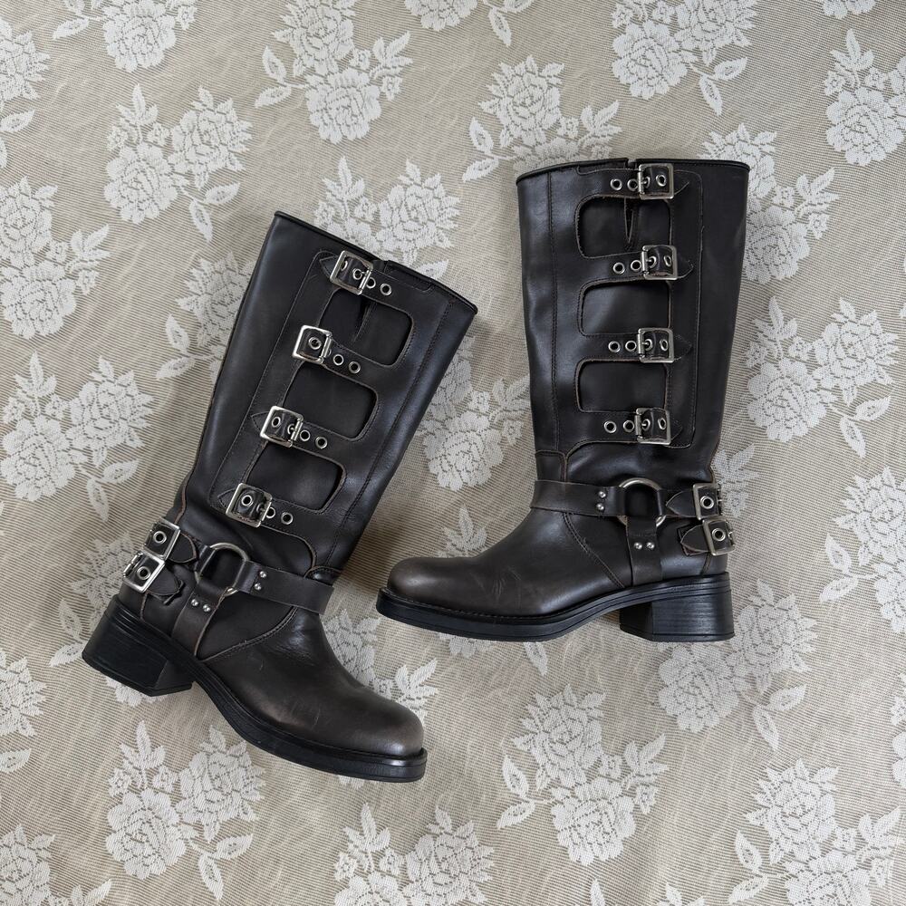 Steve Madden Rocky Brown Leather Buckle Moto Boots Size 8.5